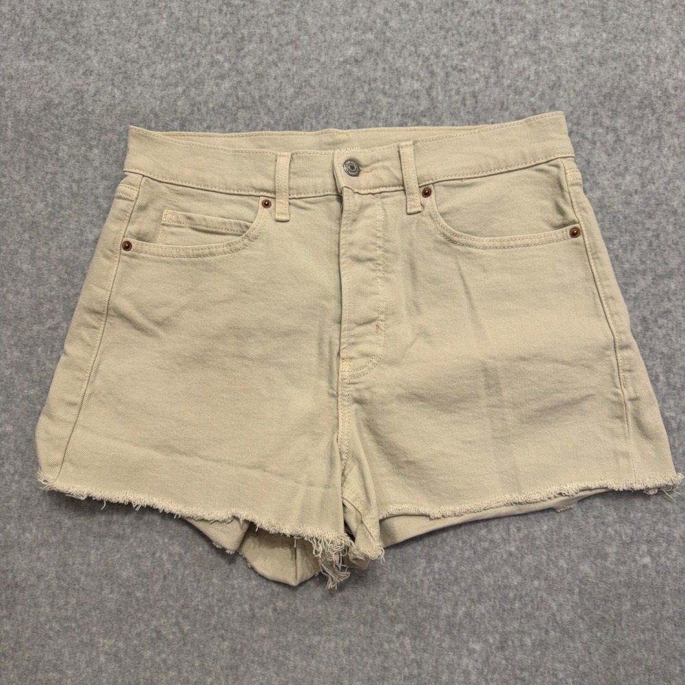 Old Navy Sky-Hi A-Line Tan Khaki Denim Shorts High Rise Button Fly Raw Hem 12